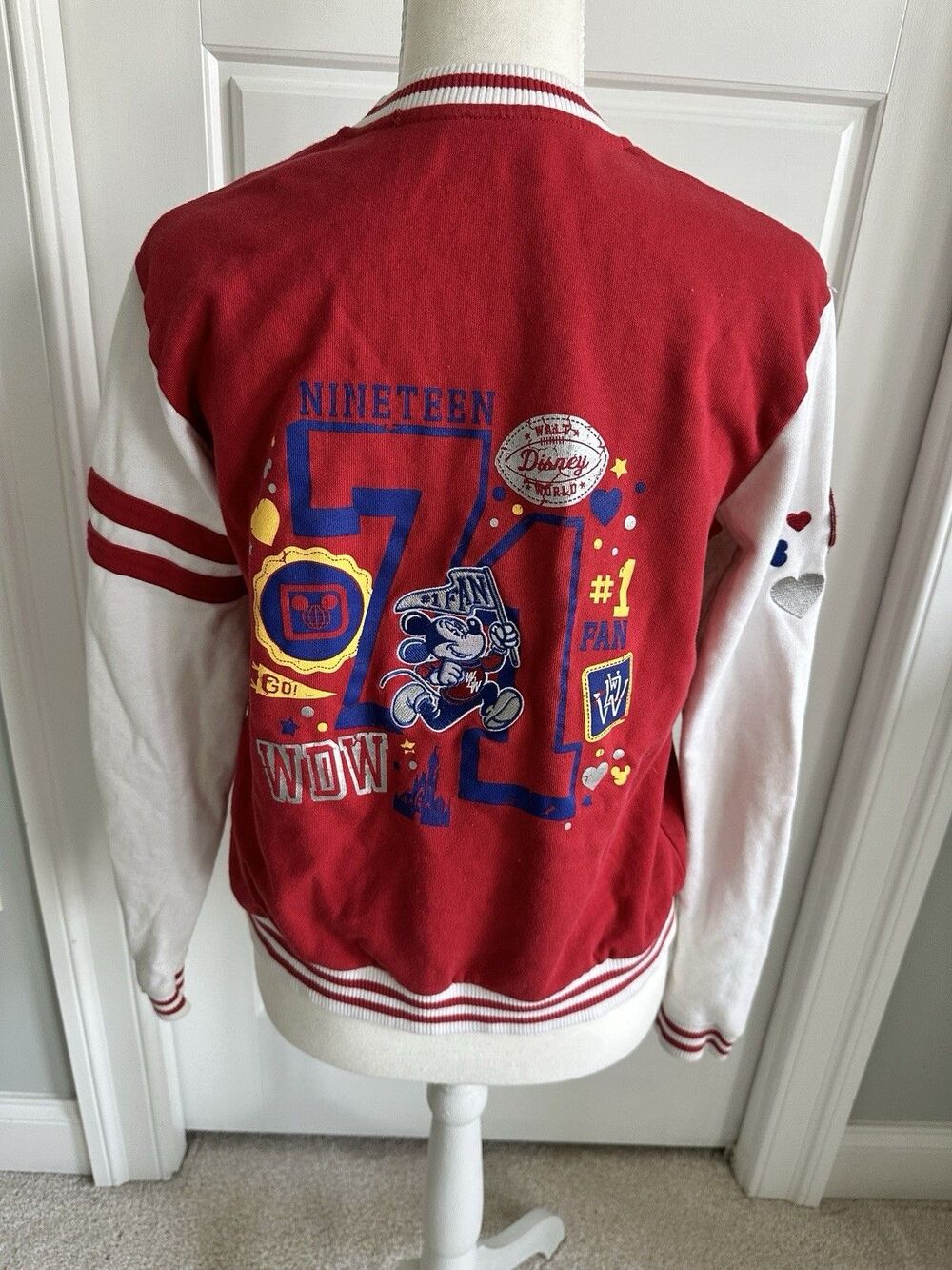 Walt Disney World 71 Mickey Mouse #1 Fan Varsity Jacket Red White Youth XL Retro - Picture 4 of 11